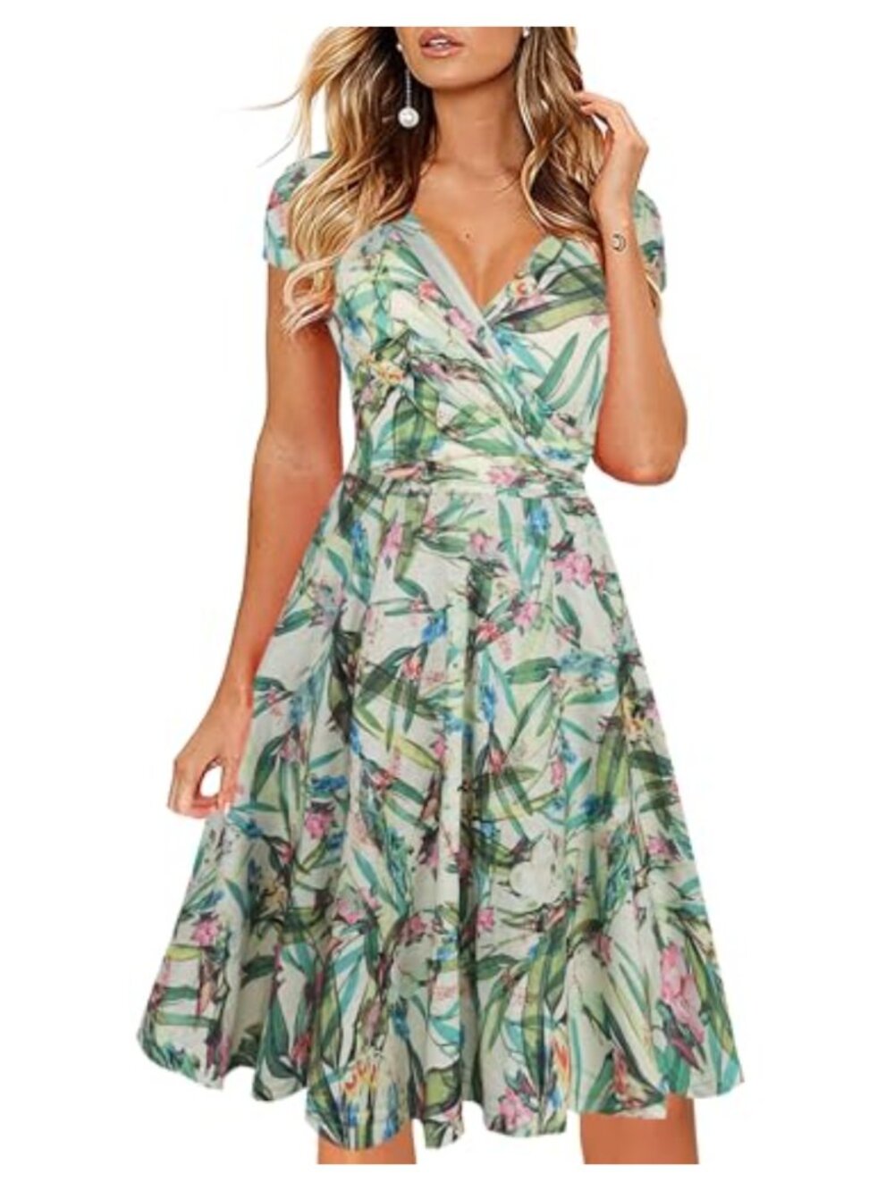 Women's V-Neck Cap Sleeve Floral A-Line Swing Dress Stretch Cotton Blend